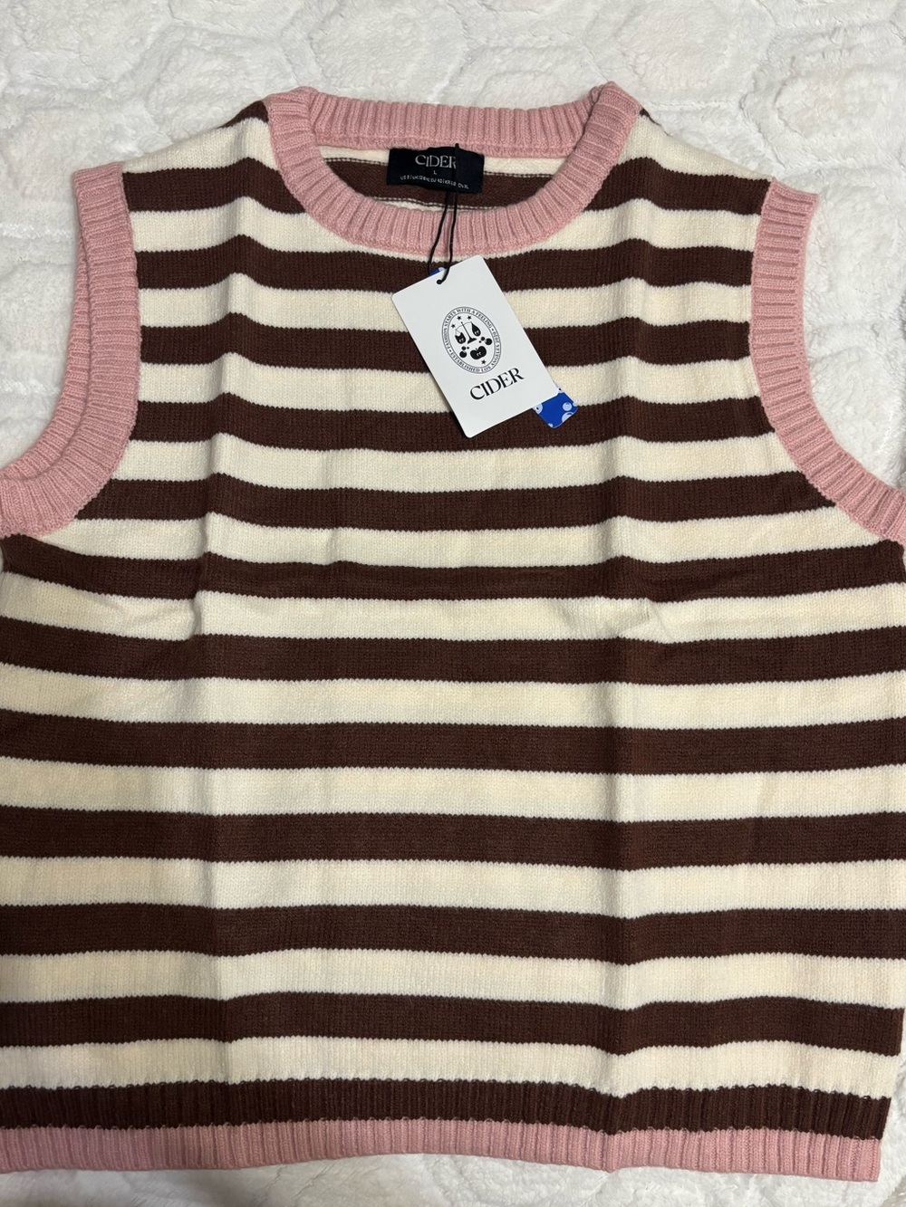 Cider Brown & Cream Striped Knit Vest with Pink Trim